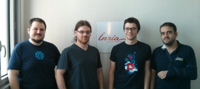 Group photo of sprint participants. Left to right: Christian Hofstaedtler,
Tomasz Nitecki, Sebastien Badia and Antonio
Terceiro